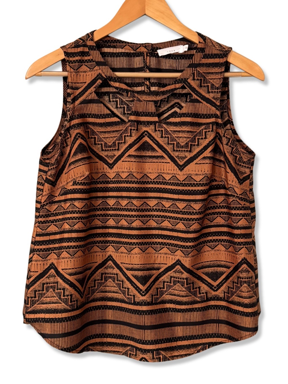 Lush Boho Geometric Tribal Print Sleeveless Cut-Out Top in Brown & Black